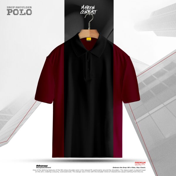 Drop Shoulder Polo T-Shirt (Maroon Contrast)