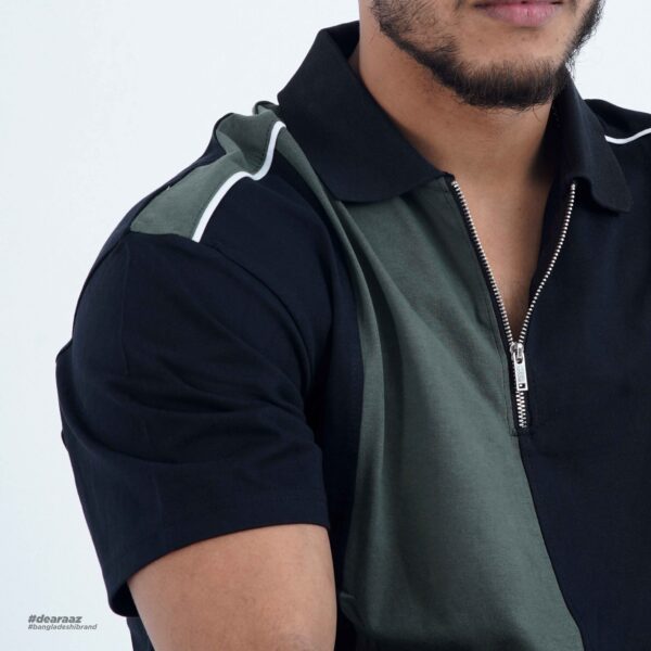 Zipper Polo T-Shirt (Black and Olive Green) - Image 3