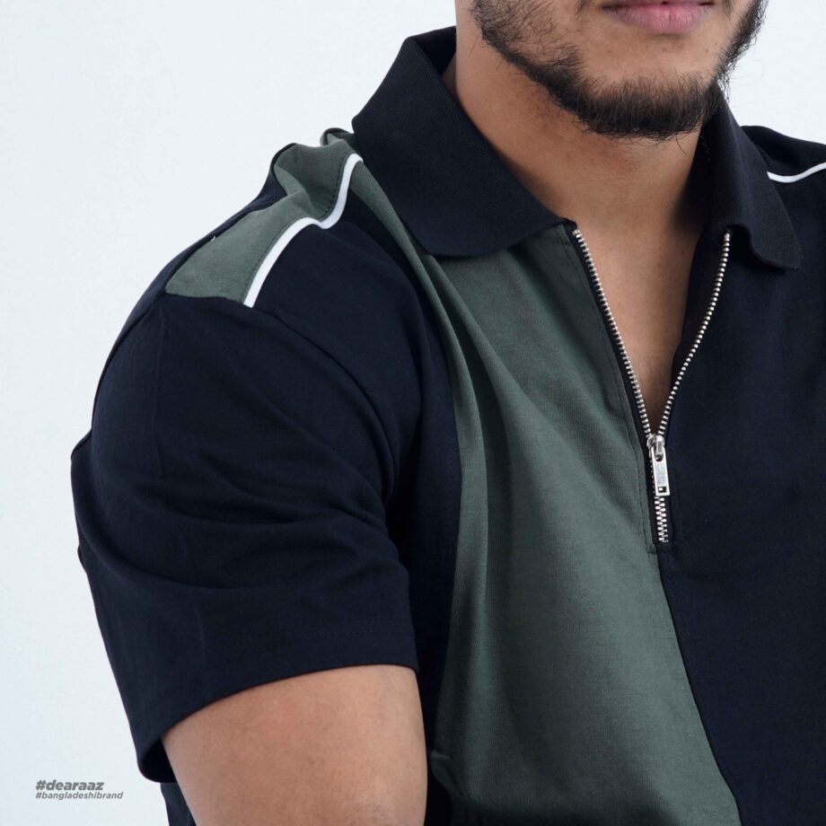 Zipper Polo T-Shirt (Black and Olive Green)