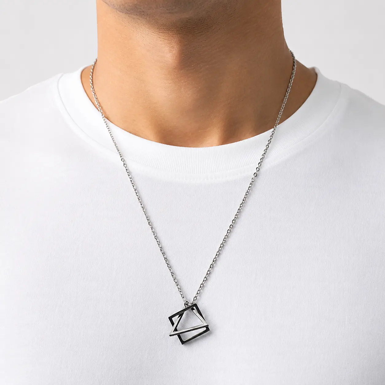 Geometric Fusion Pendant Chain – Silver & Black